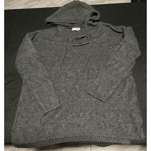 Sonoma Sweater Womens Medium Gray Hooded Knit Tunic V Neck Geometric Pullover